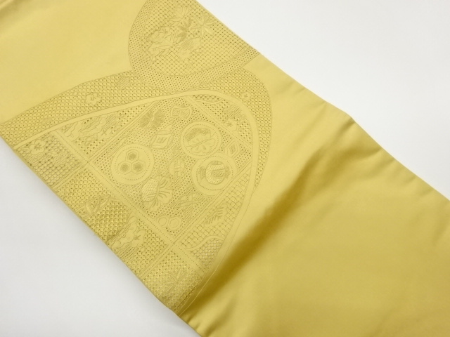 Nagoya obi with Shantou Sagara embroidery, half circle with pine, bamboo, plum a